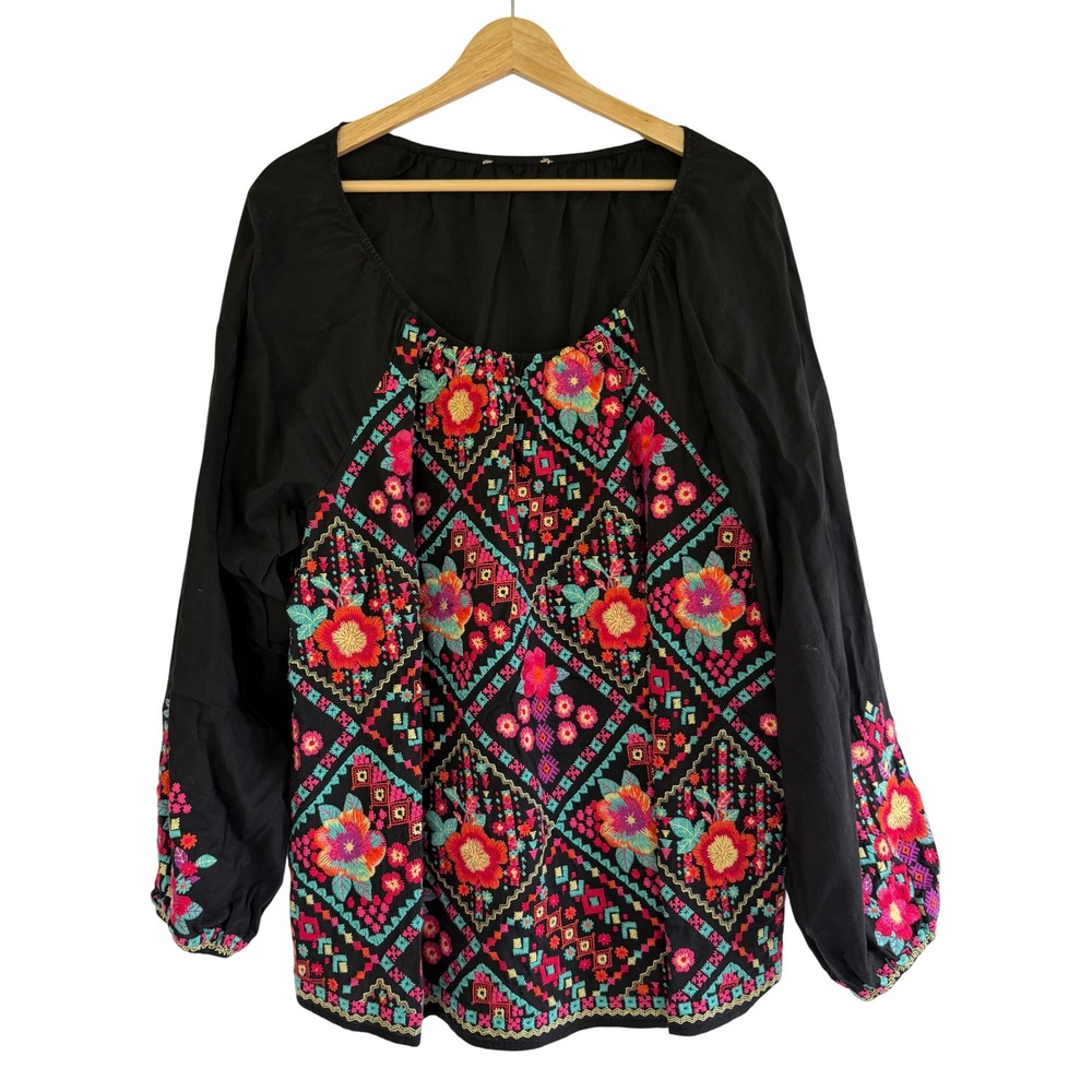 Black Embroidered Floral Peasant Blouse Long Sleeve Scoop Neck Plus Size 2X